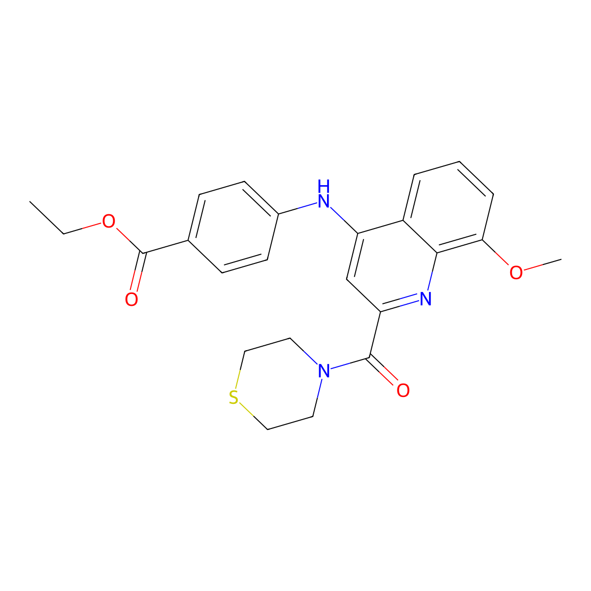 Ethyl 4-{[8-methoxy-2-(thiomorpholine-4-carbonyl)quinolin-4-yl]amino}benzoate molecular structure, CAS 1251565-42-0