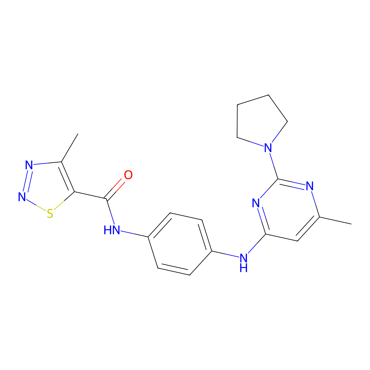 4-methyl-N-(4-{[6-methyl-2-(pyrrolidin-1-yl)pyrimidin-4-yl]amino}phenyl)-1,2,3-thiadiazole-5-carboxamide molecular structure, CAS 1251565-43-1