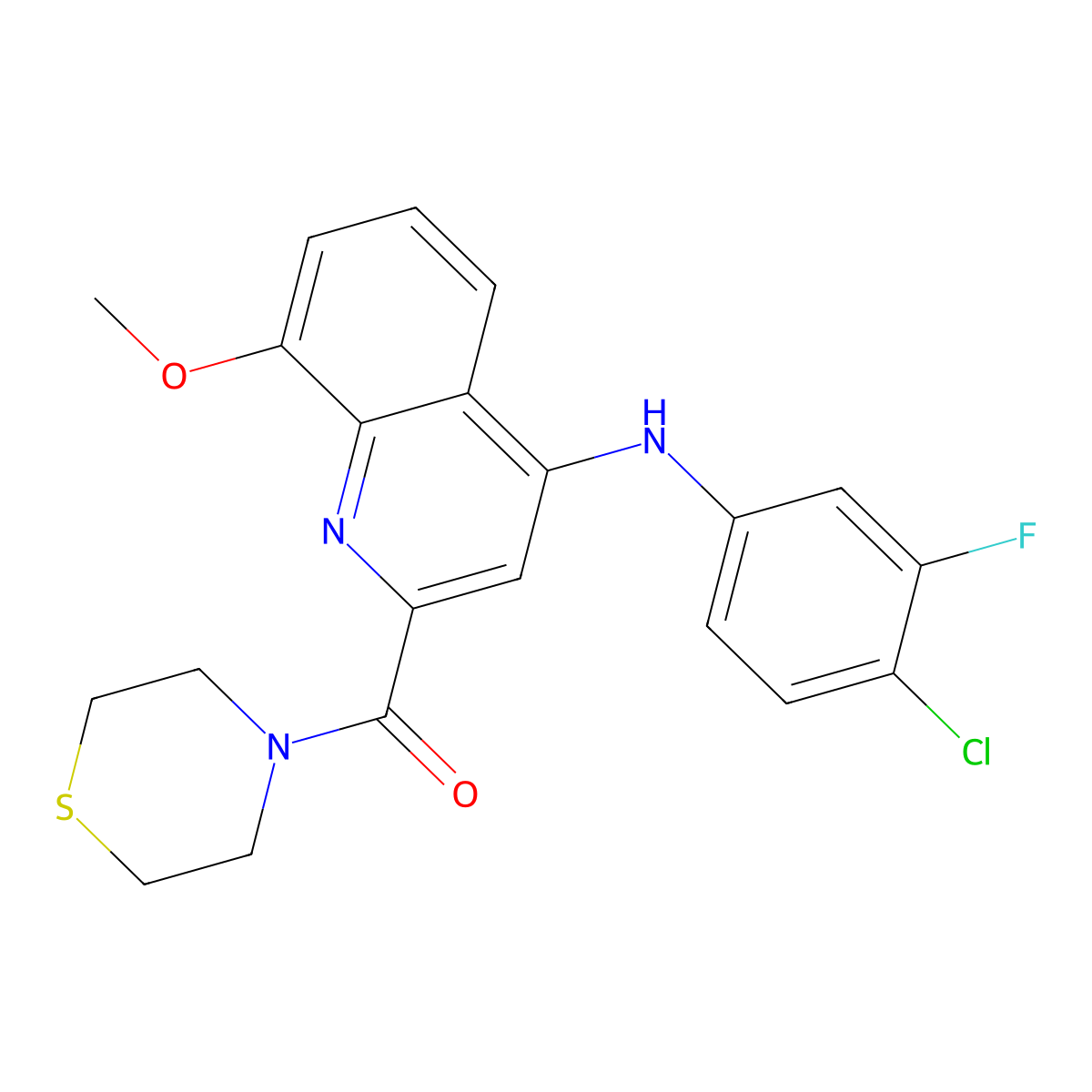 (4-((4-Chloro-3-fluorophenyl)amino)-8-methoxyquinolin-2-yl)(thiomorpholino)methanone molecular structure, CAS 1251565-49-7