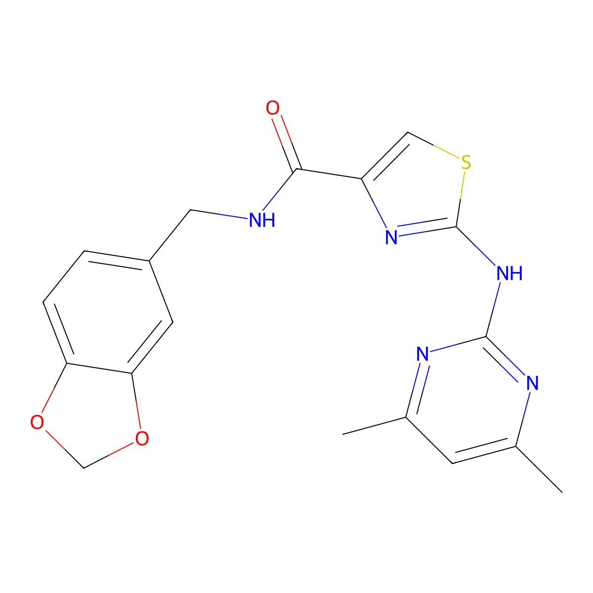 N-(benzo[d][1,3]dioxol-5-ylmethyl)-2-((4,6-dimethylpyrimidin-2-yl)amino)thiazole-4-carboxamide molecular structure, CAS 1251565-51-1