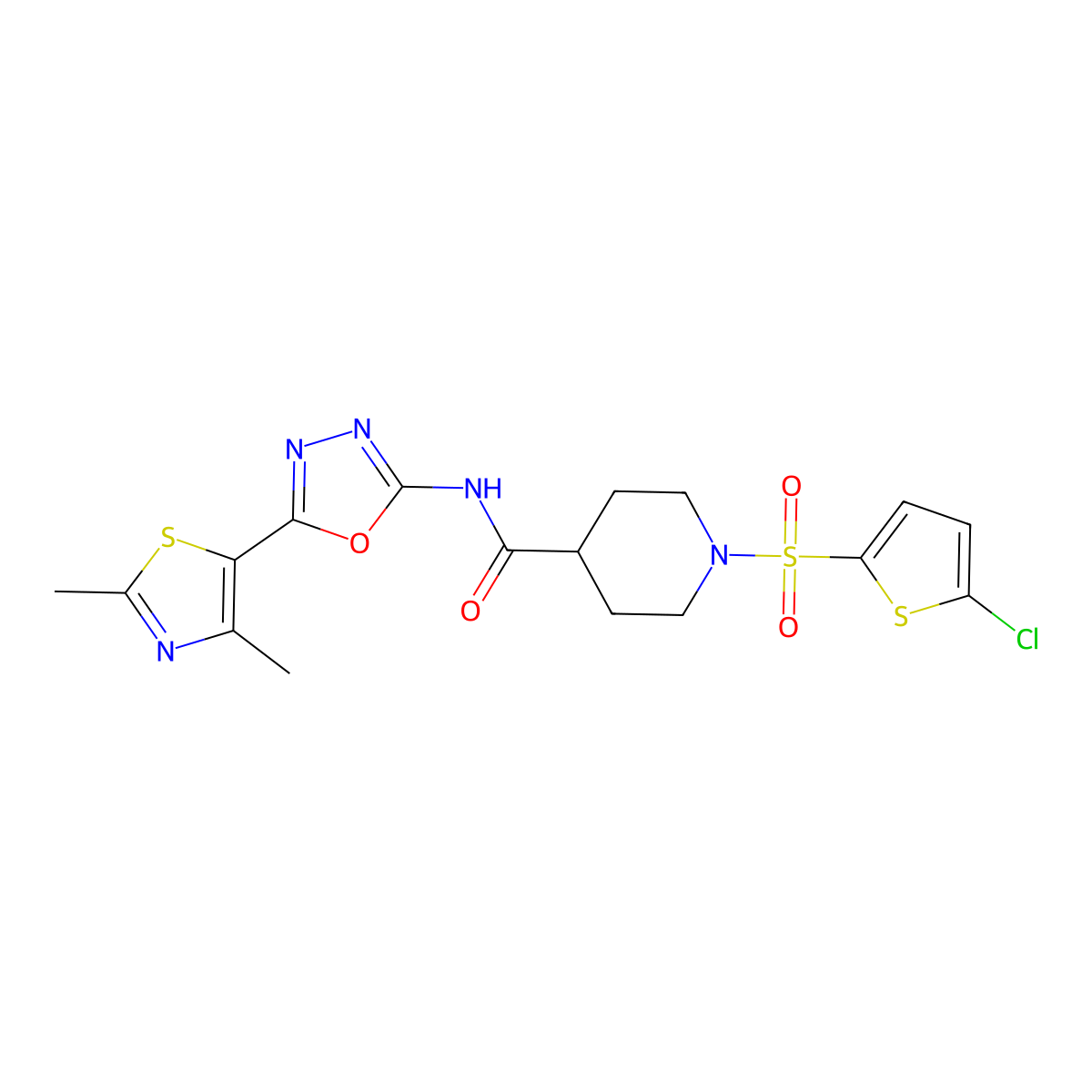 1-((5-chlorothiophen-2-yl)sulfonyl)-N-(5-(2,4-dimethylthiazol-5-yl)-1,3,4-oxadiazol-2-yl)piperidine-4-carboxamide molecular structure, CAS 1251565-52-2