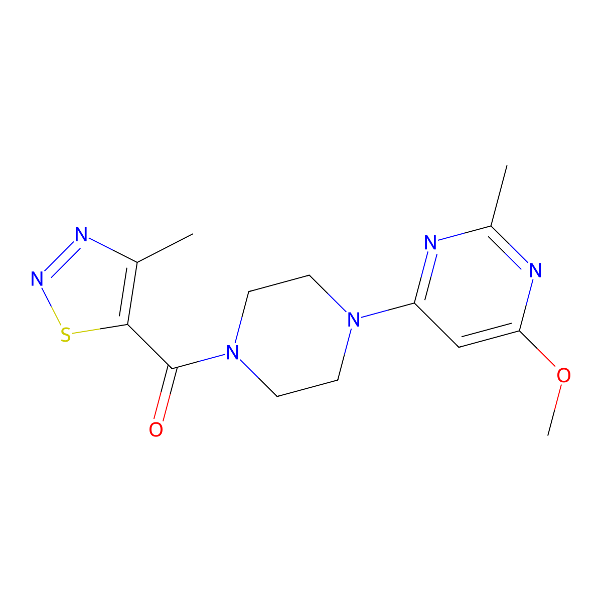 (4-(6-Methoxy-2-methylpyrimidin-4-yl)piperazin-1-yl)(4-methyl-1,2,3-thiadiazol-5-yl)methanone molecular structure, CAS 1251565-61-3