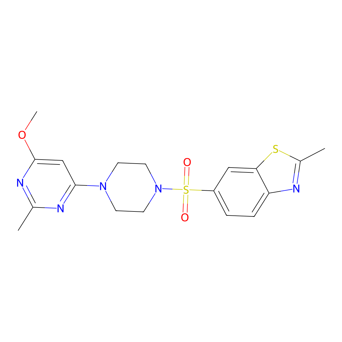 6-((4-(6-Methoxy-2-methylpyrimidin-4-yl)piperazin-1-yl)sulfonyl)-2-methylbenzo[d]thiazole molecular structure, CAS 1251565-66-8