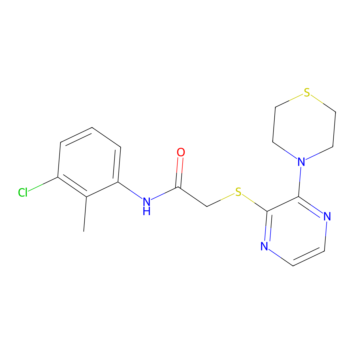 N-(3-chloro-2-methylphenyl)-2-((3-thiomorpholinopyrazin-2-yl)thio)acetamide molecular structure, CAS 1251566-18-3