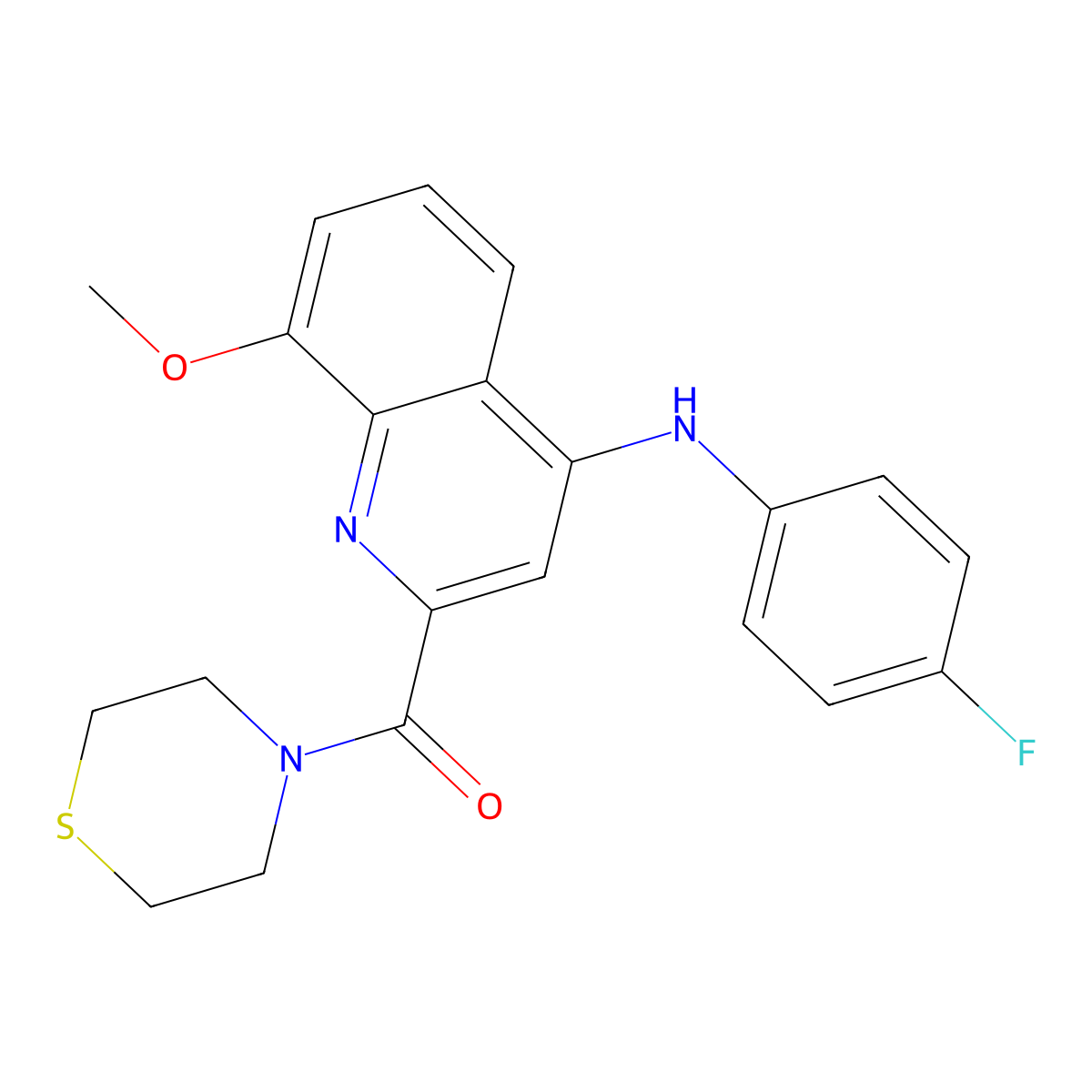 (4-((4-Fluorophenyl)amino)-8-methoxyquinolin-2-yl)(thiomorpholino)methanone molecular structure, CAS 1251566-43-4