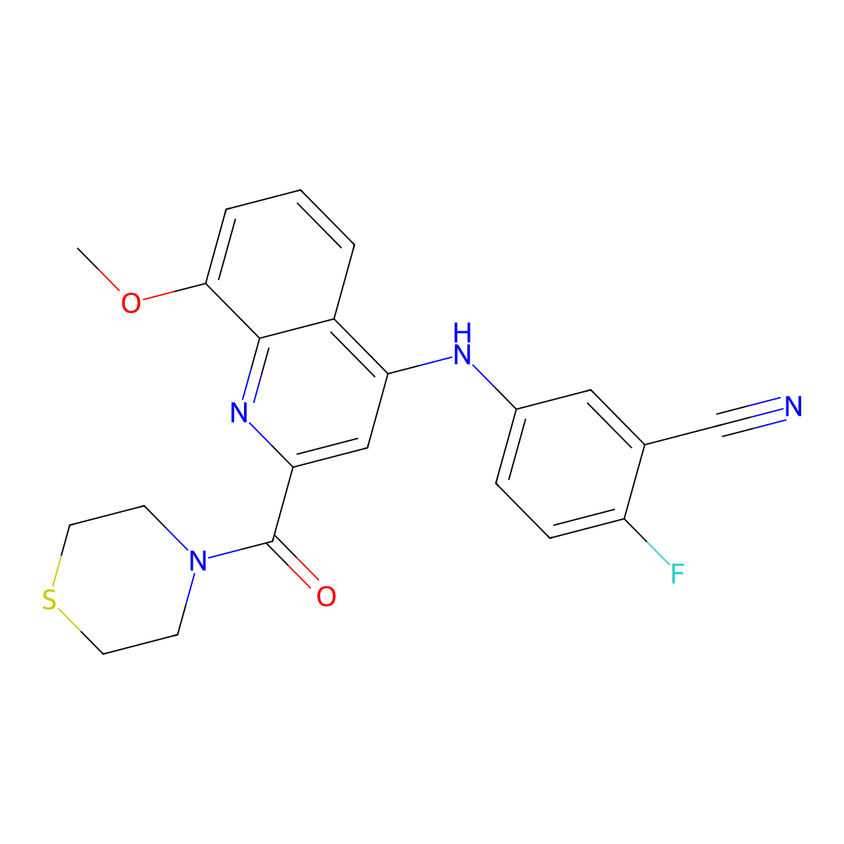 2-Fluoro-5-((8-methoxy-2-(thiomorpholine-4-carbonyl)quinolin-4-yl)amino)benzonitrile molecular structure, CAS 1251566-48-9