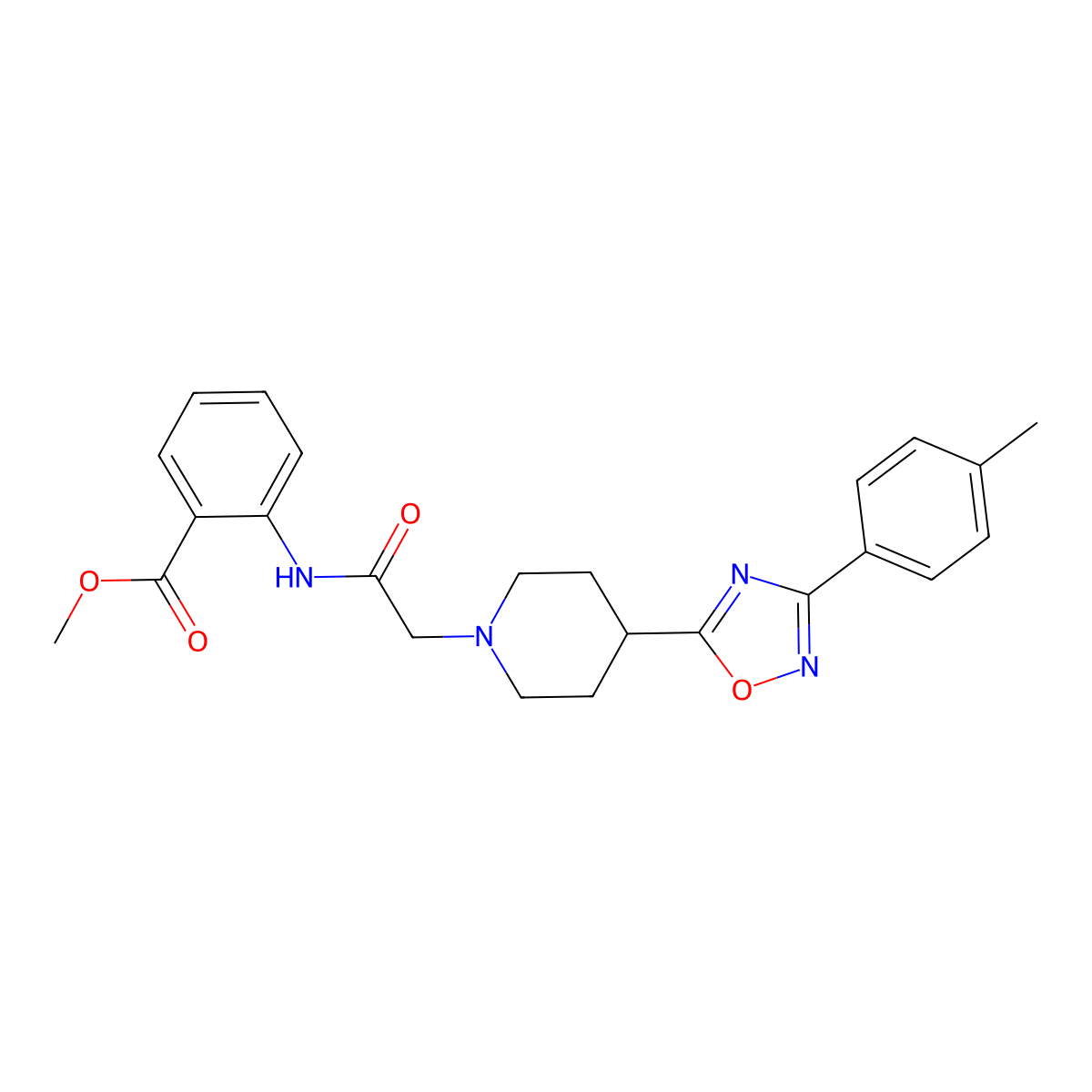 Methyl 2-(2-(4-(3-(p-tolyl)-1,2,4-oxadiazol-5-yl)piperidin-1-yl)acetamido)benzoate molecular structure, CAS 1251567-87-9