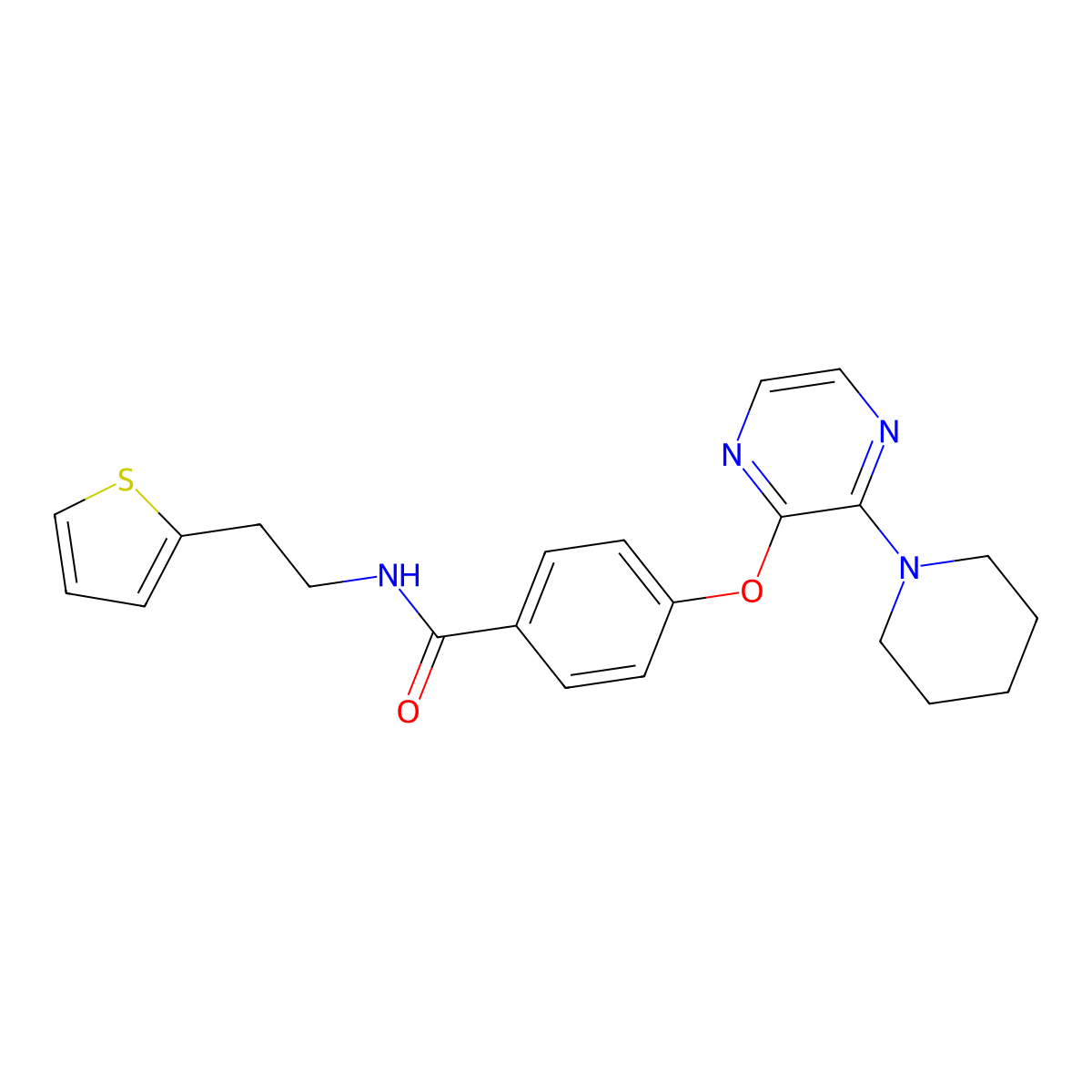 4-((3-(piperidin-1-yl)pyrazin-2-yl)oxy)-N-(2-(thiophen-2-yl)ethyl)benzamide molecular structure, CAS 1251567-92-6
