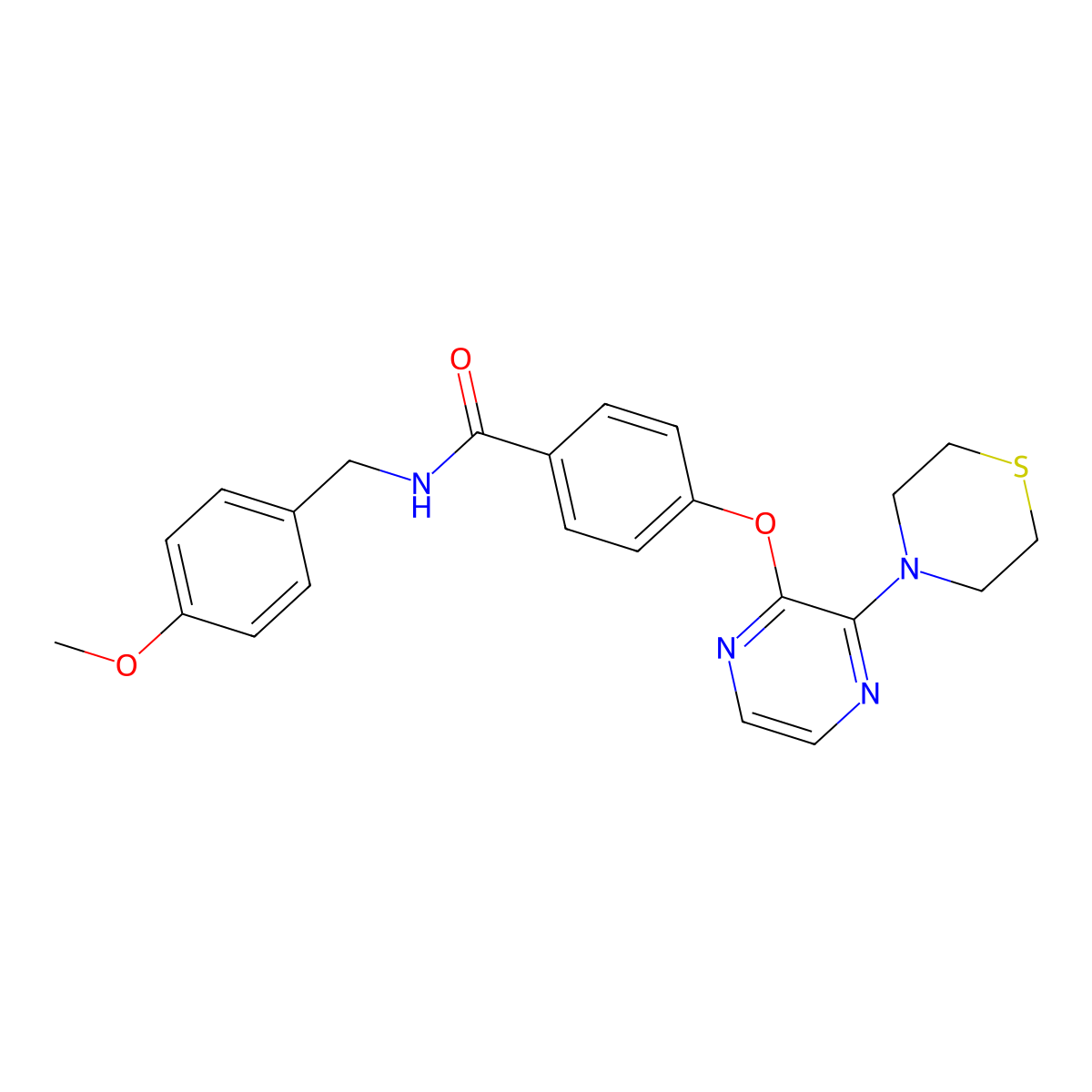 N-(4-methoxybenzyl)-4-((3-thiomorpholinopyrazin-2-yl)oxy)benzamide molecular structure, CAS 1251567-93-7