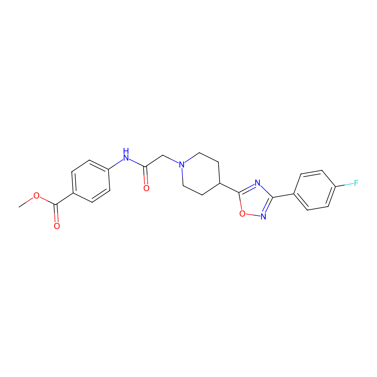 Methyl 4-(2-(4-(3-(4-fluorophenyl)-1,2,4-oxadiazol-5-yl)piperidin-1-yl)acetamido)benzoate molecular structure, CAS 1251567-95-9