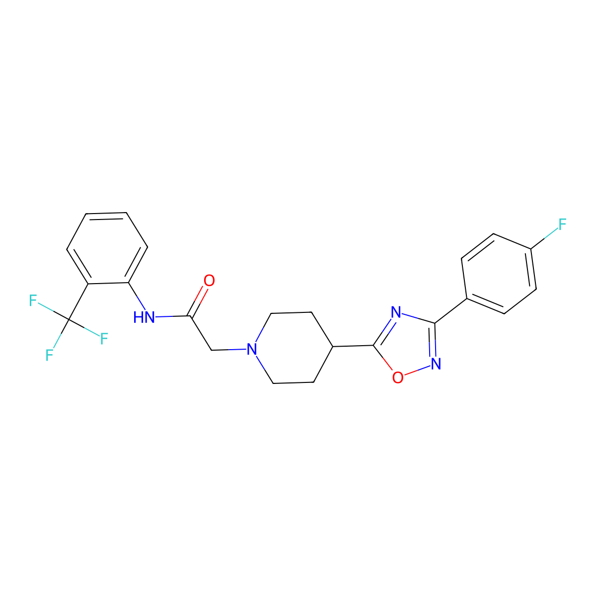 2-{4-[3-(4-fluorophenyl)-1,2,4-oxadiazol-5-yl]piperidin-1-yl}-N-[2-(trifluoromethyl)phenyl]acetamide molecular structure, CAS 1251567-96-0