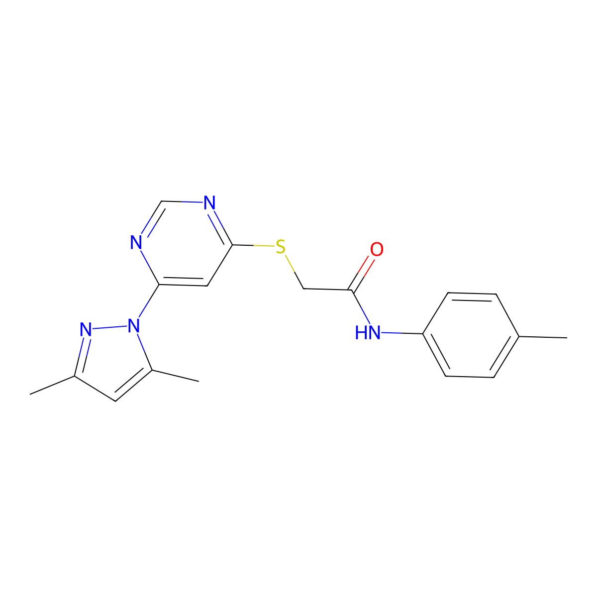 2-((6-(3,5-dimethyl-1H-pyrazol-1-yl)pyrimidin-4-yl)thio)-N-(p-tolyl)acetamide molecular structure, CAS 1251568-08-7