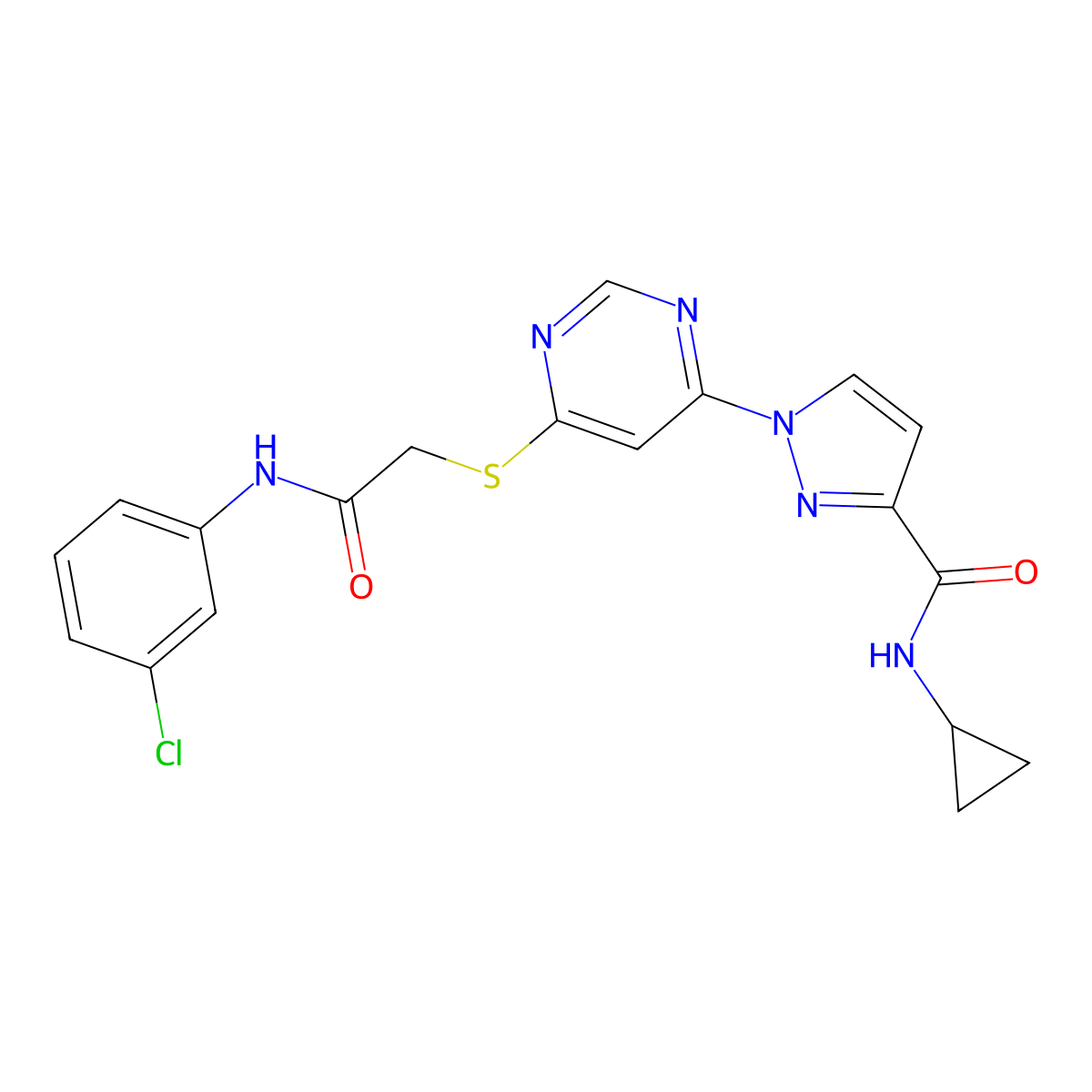 1-[6-({2-[(3-chlorophenyl)amino]-2-oxoethyl}sulfanyl)pyrimidin-4-yl]-N-cyclopropyl-1H-pyrazole-3-carboxamide molecular structure, CAS 1251568-11-2