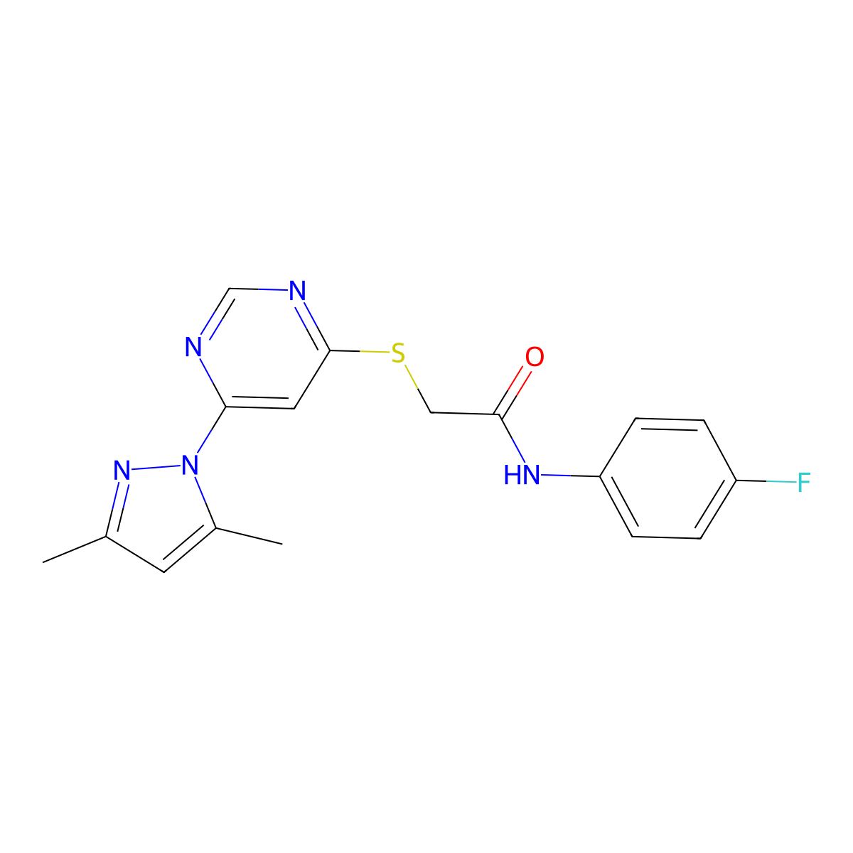 2-((6-(3,5-dimethyl-1H-pyrazol-1-yl)pyrimidin-4-yl)thio)-N-(4-fluorophenyl)acetamide molecular structure, CAS 1251568-12-3