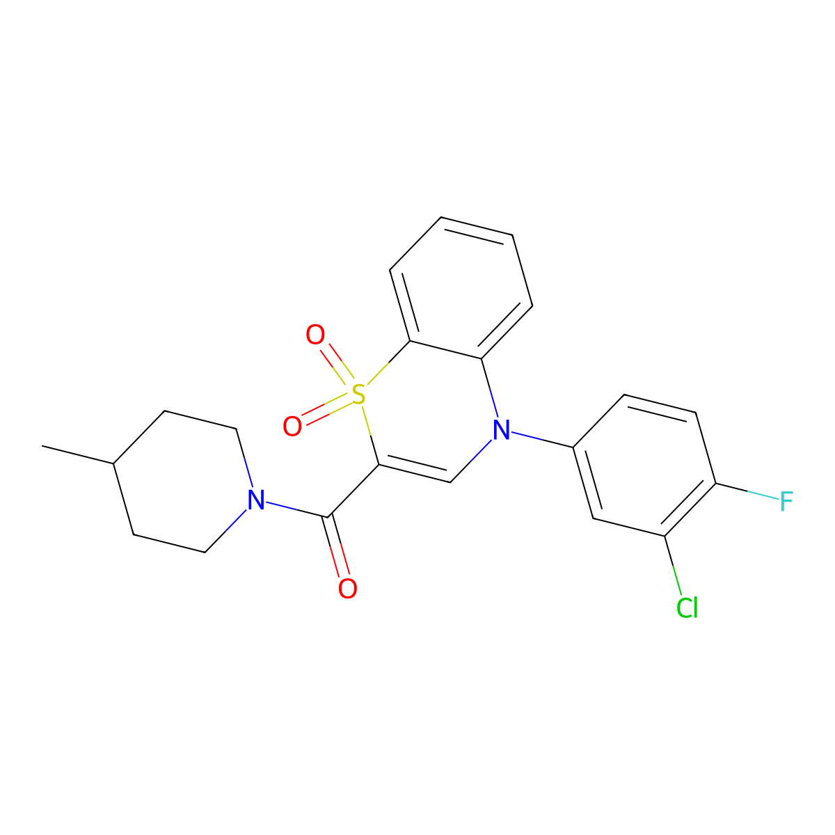 [4-(3-chloro-4-fluorophenyl)-1,1-dioxido-4H-1,4-benzothiazin-2-yl](4-methylpiperidin-1-yl)methanone molecular structure, CAS 1251568-33-8