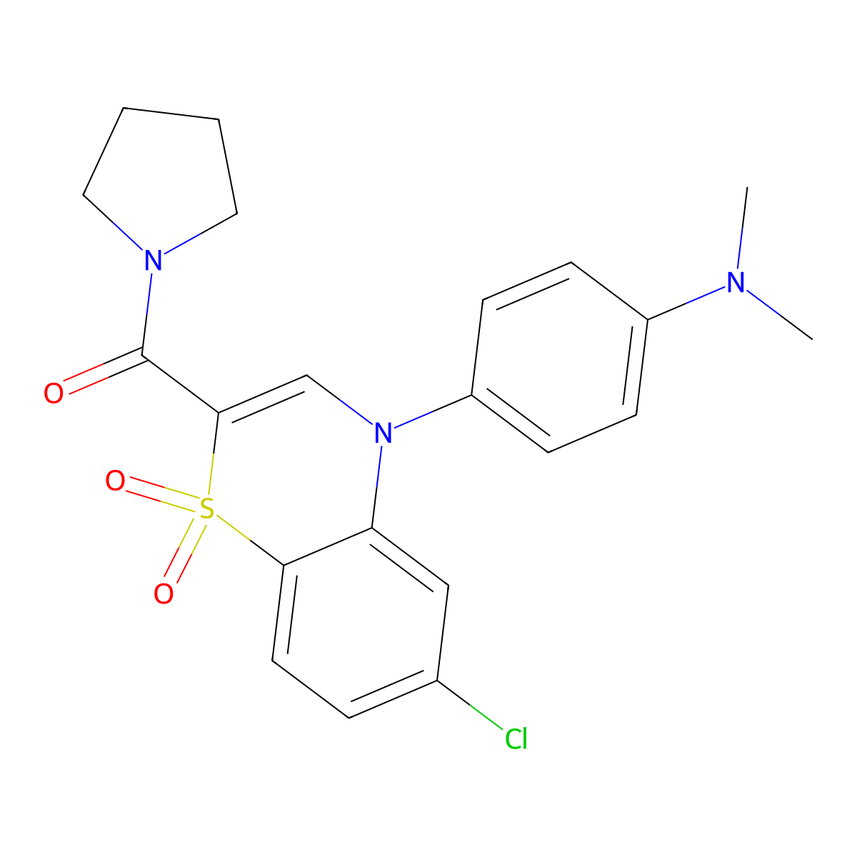 {4-[6-chloro-1,1-dioxido-2-(pyrrolidin-1-ylcarbonyl)-4H-1,4-benzothiazin-4-yl]phenyl}dimethylamine molecular structure, CAS 1251568-37-2