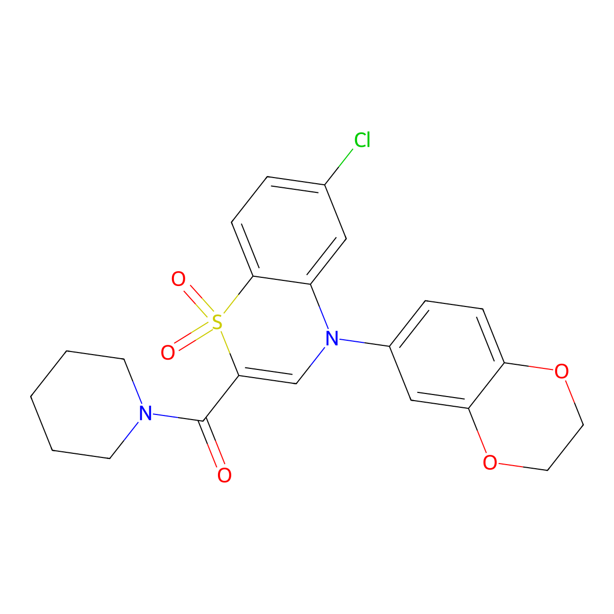 (6-chloro-4-(2,3-dihydrobenzo[b][1,4]dioxin-6-yl)-1,1-dioxido-4H-benzo[b][1,4]thiazin-2-yl)(piperidin-1-yl)methanone molecular structure, CAS 1251568-38-3