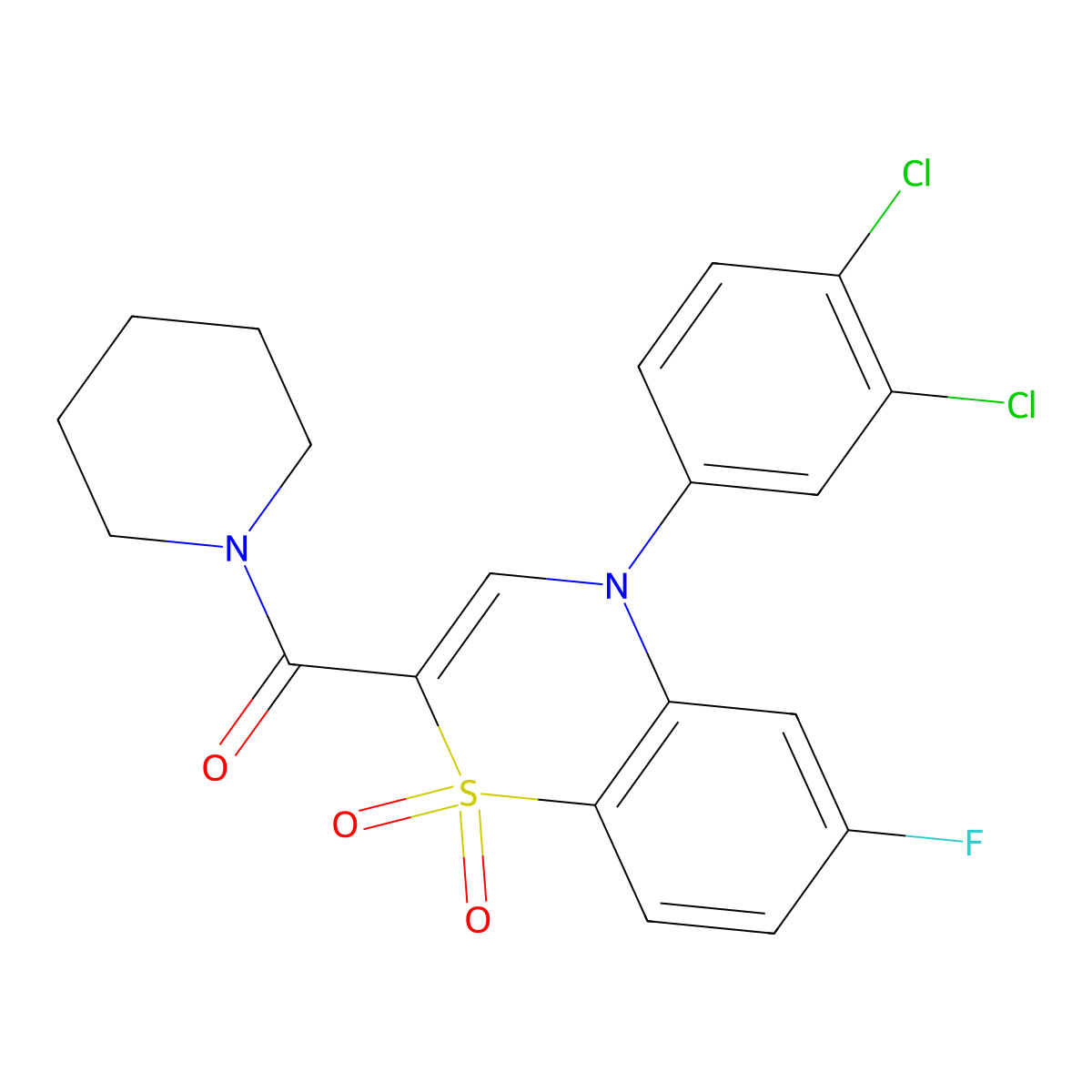 (4-(3,4-dichlorophenyl)-6-fluoro-1,1-dioxido-4H-benzo[b][1,4]thiazin-2-yl)(piperidin-1-yl)methanone molecular structure, CAS 1251568-39-4