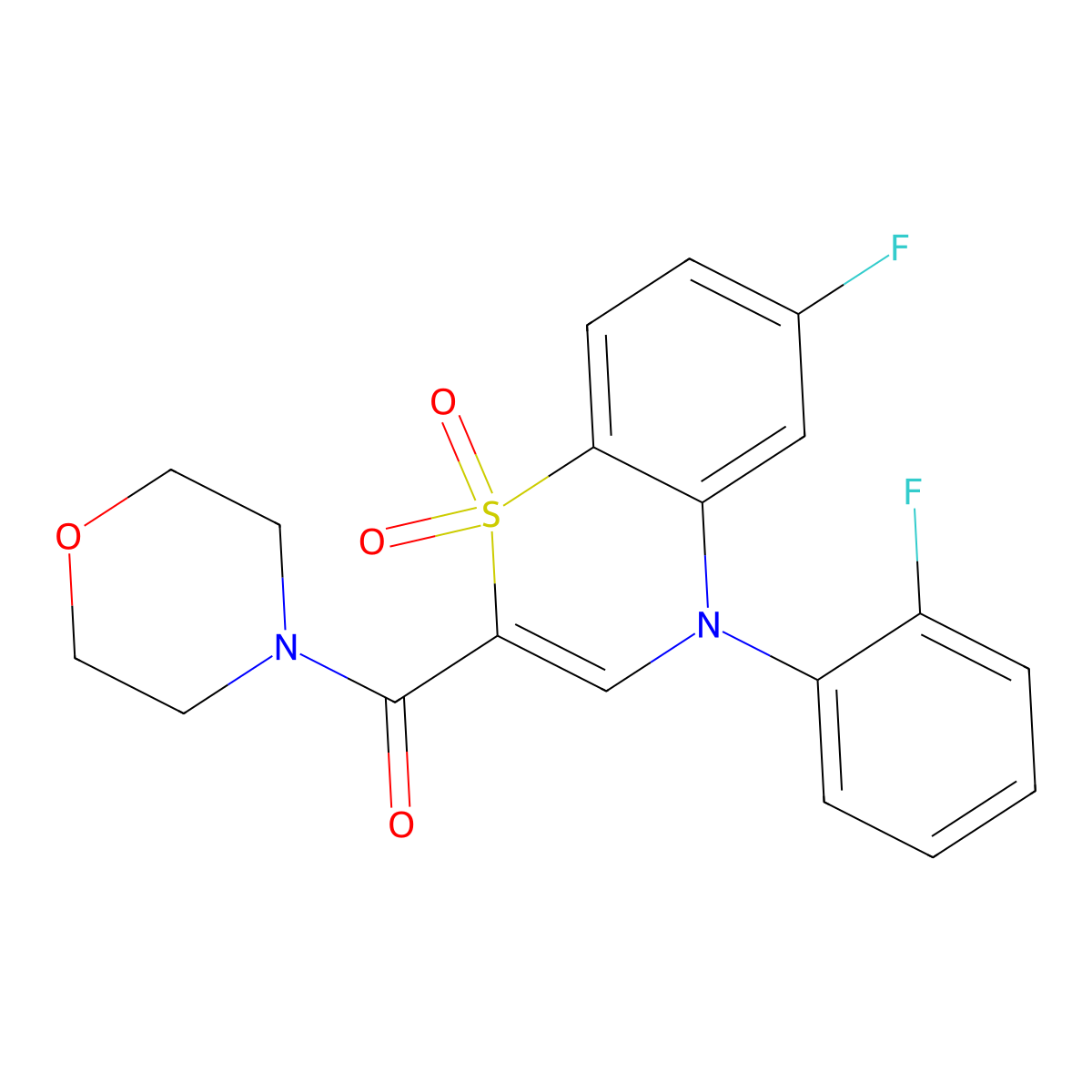 (6-fluoro-4-(2-fluorophenyl)-1,1-dioxido-4H-benzo[b][1,4]thiazin-2-yl)(morpholino)methanone molecular structure, CAS 1251568-41-8