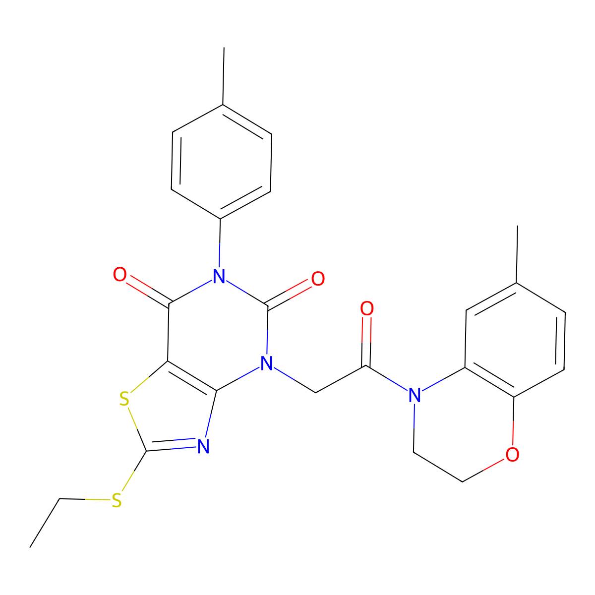 2-(ethylsulfanyl)-4-[2-(6-methyl-3,4-dihydro-2H-1,4-benzoxazin-4-yl)-2-oxoethyl]-6-(4-methylphenyl)-4H,5H,6H,7H-[1,3]thiazolo[4,5-d]pyrimidine-5,7-dione molecular structure, CAS 1251568-43-0
