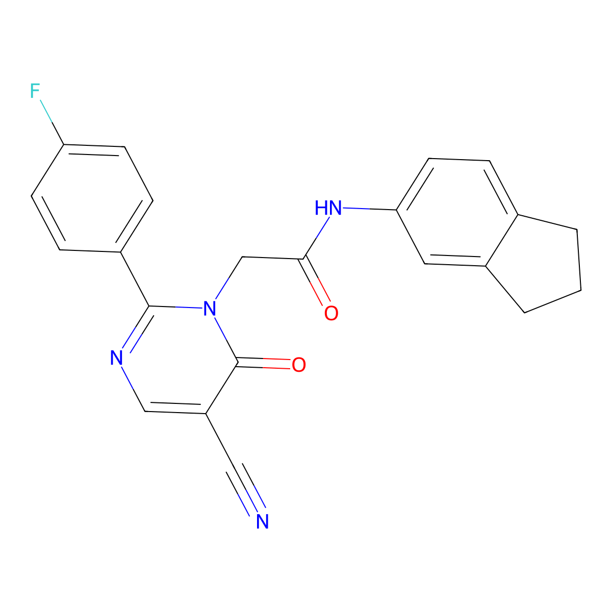 2-(5-cyano-2-(4-fluorophenyl)-6-oxopyrimidin-1(6H)-yl)-N-(2,3-dihydro-1H-inden-5-yl)acetamide molecular structure, CAS 1251568-47-4