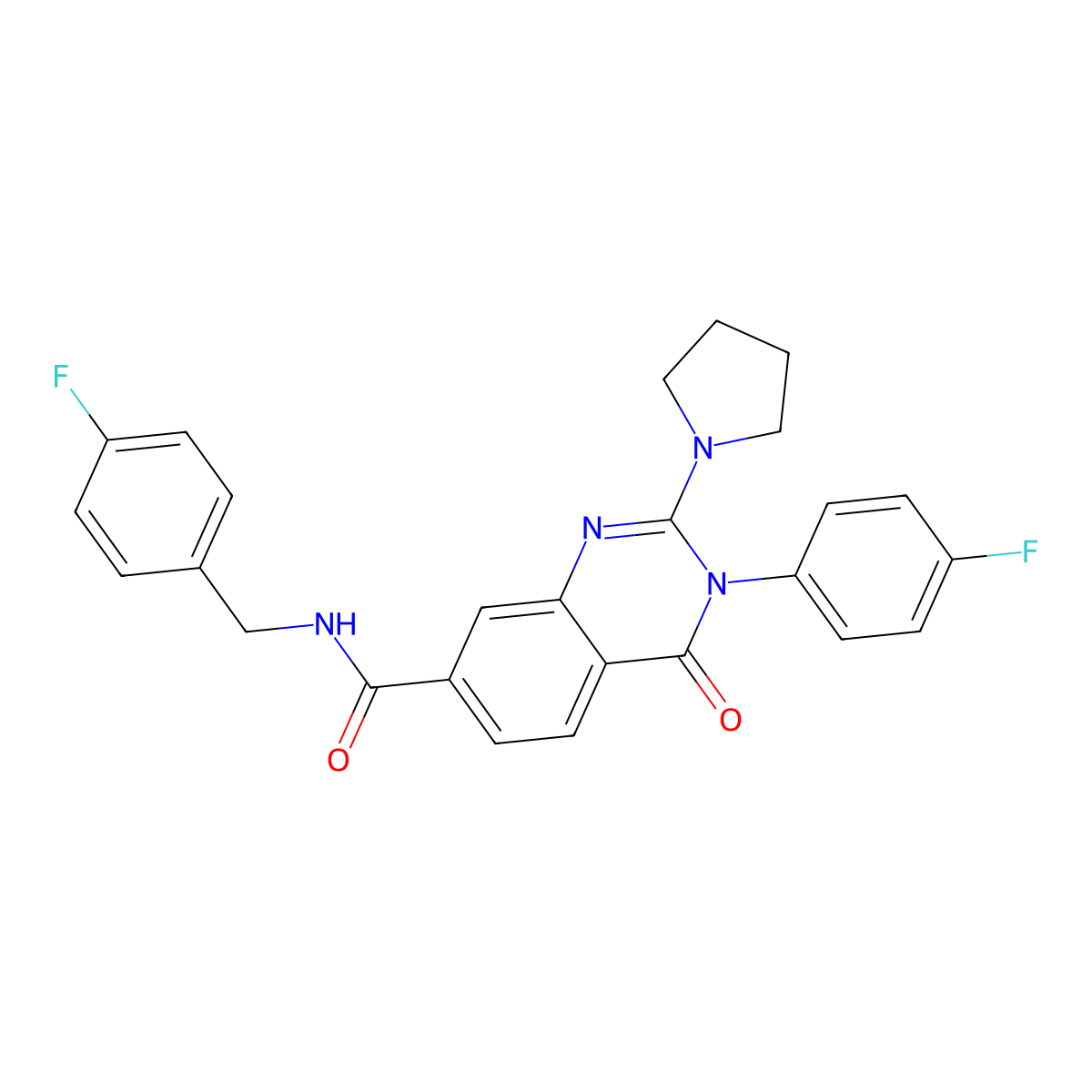 3-(4-fluorophenyl)-N-[(4-fluorophenyl)methyl]-4-oxo-2-(pyrrolidin-1-yl)-3,4-dihydroquinazoline-7-carboxamide molecular structure, CAS 1251568-54-3