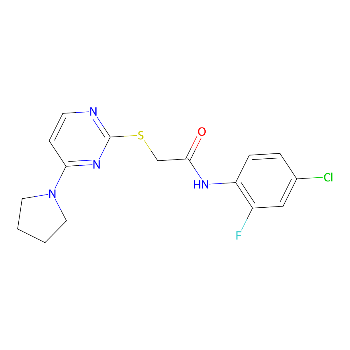 N-(4-chloro-2-fluorophenyl)-2-((4-(pyrrolidin-1-yl)pyrimidin-2-yl)thio)acetamide molecular structure, CAS 1251568-92-9