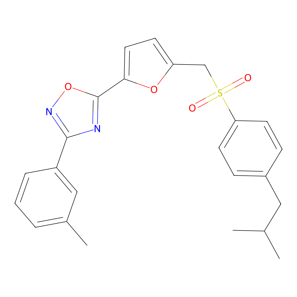 5-(5-(((4-Isobutylphenyl)sulfonyl)methyl)furan-2-yl)-3-(m-tolyl)-1,2,4-oxadiazole molecular structure, CAS 1251569-00-2