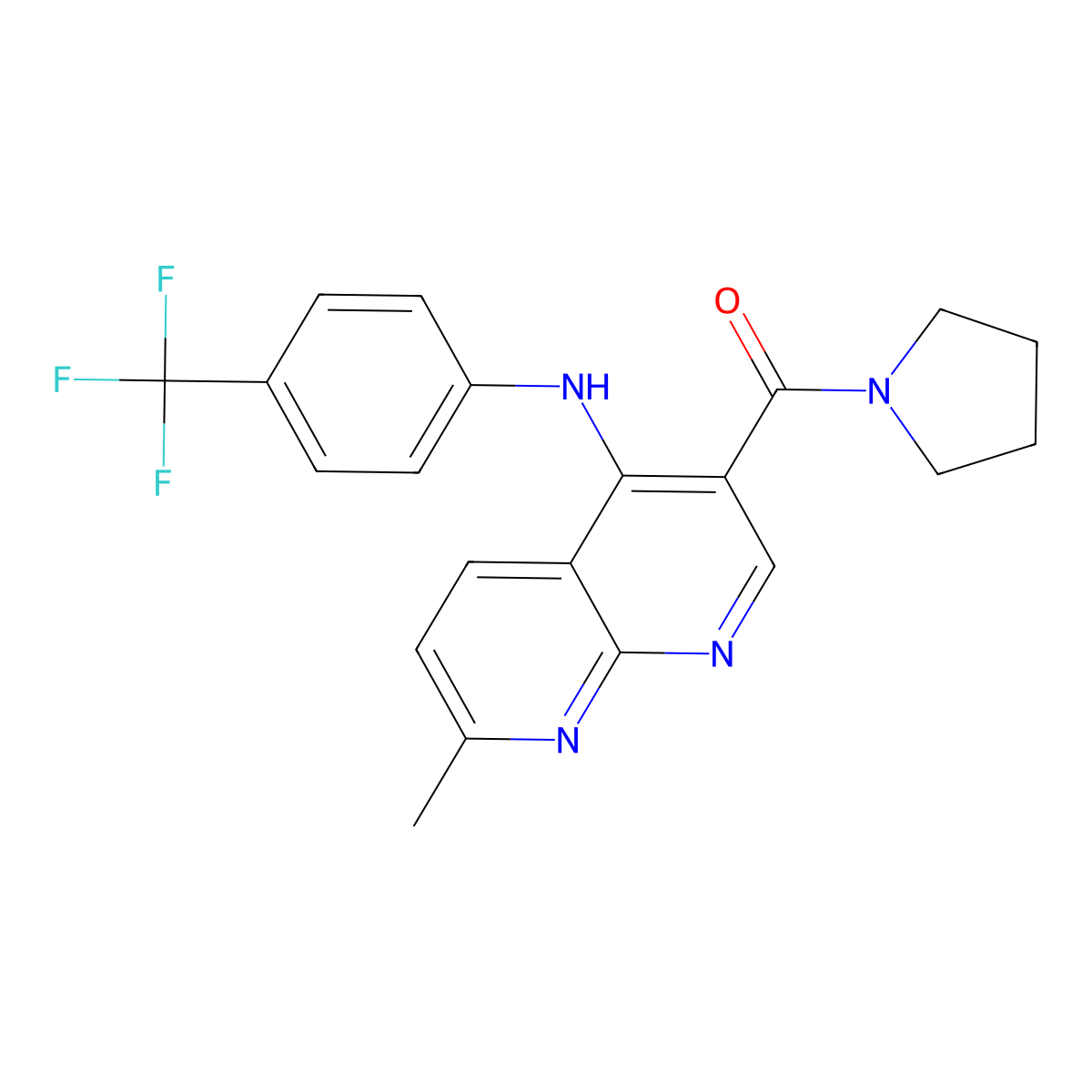 (7-Methyl-4-((4-(trifluoromethyl)phenyl)amino)-1,8-naphthyridin-3-yl)(pyrrolidin-1-yl)methanone molecular structure, CAS 1251569-16-0