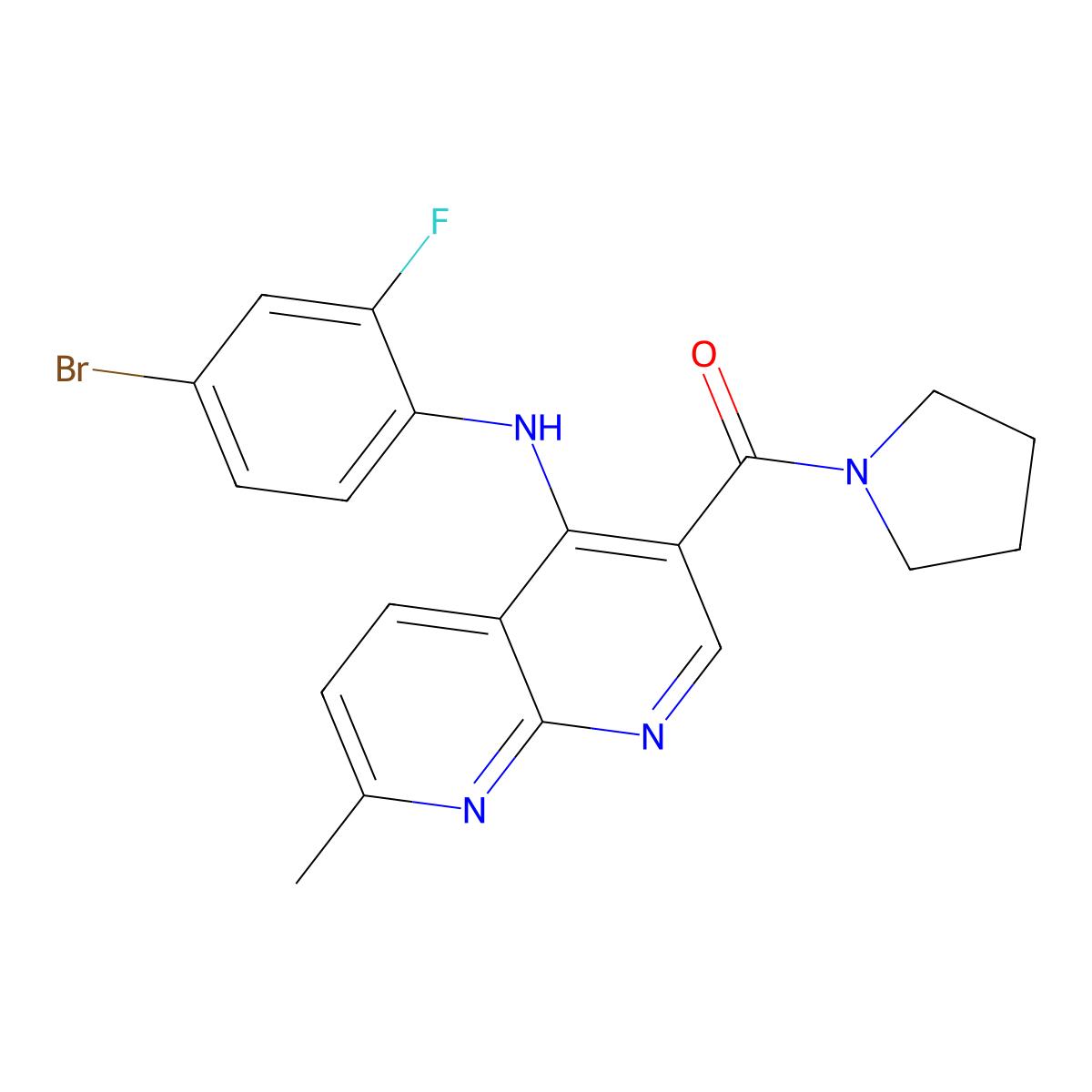 (4-((4-Bromo-2-fluorophenyl)amino)-7-methyl-1,8-naphthyridin-3-yl)(pyrrolidin-1-yl)methanone molecular structure, CAS 1251569-20-6