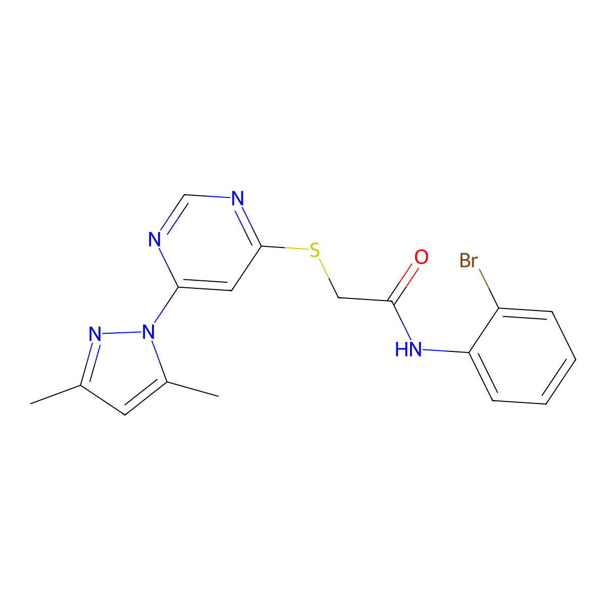 N-(2-bromophenyl)-2-((6-(3,5-dimethyl-1H-pyrazol-1-yl)pyrimidin-4-yl)thio)acetamide molecular structure, CAS 1251569-30-8