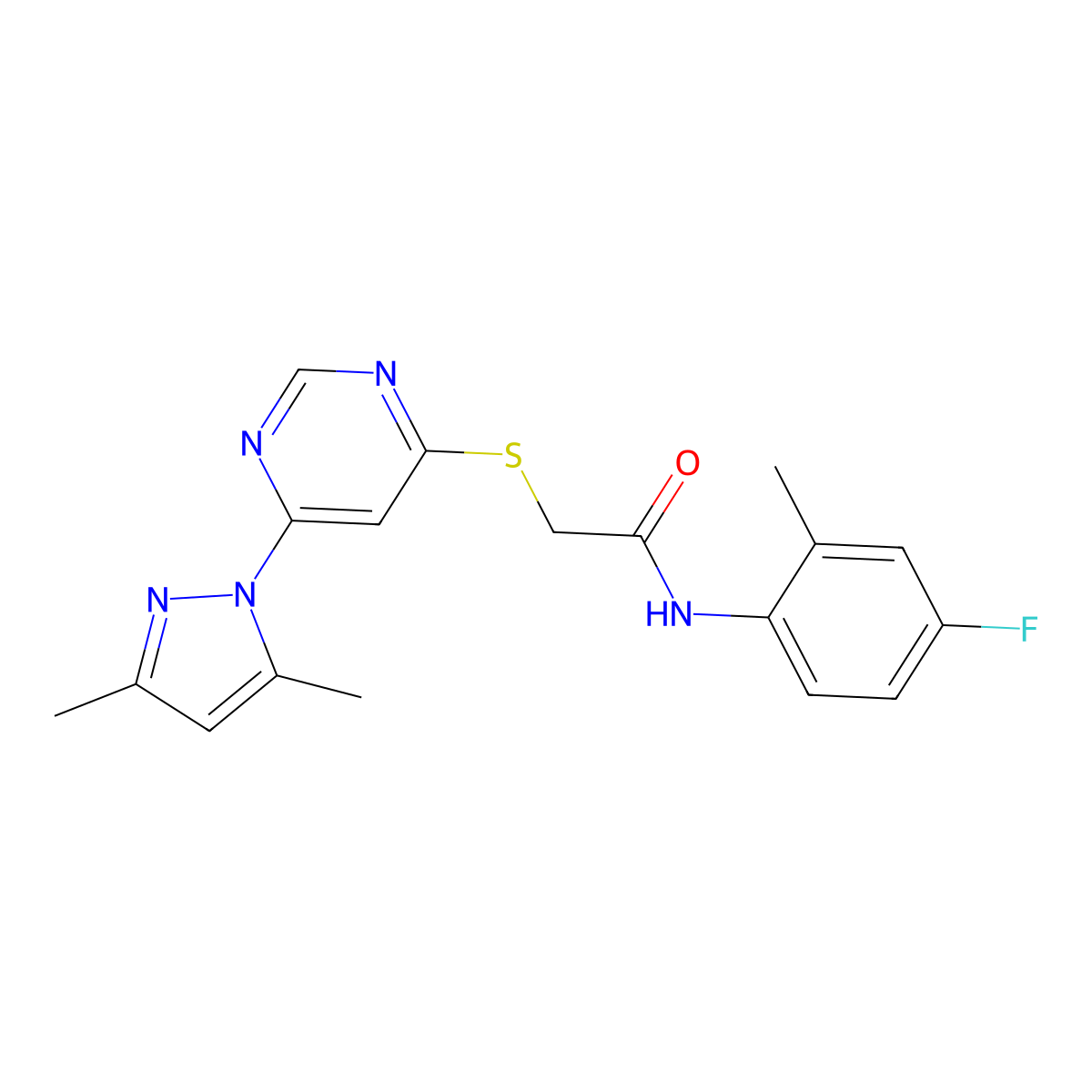 2-((6-(3,5-dimethyl-1H-pyrazol-1-yl)pyrimidin-4-yl)thio)-N-(4-fluoro-2-methylphenyl)acetamide molecular structure, CAS 1251569-35-3