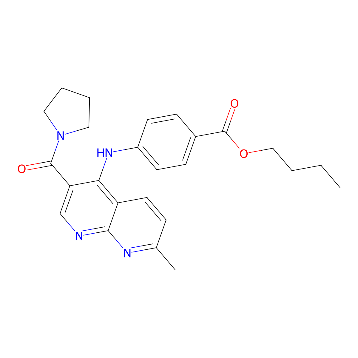 Butyl 4-{[7-methyl-3-(pyrrolidine-1-carbonyl)-1,8-naphthyridin-4-yl]amino}benzoate molecular structure, CAS 1251569-43-3