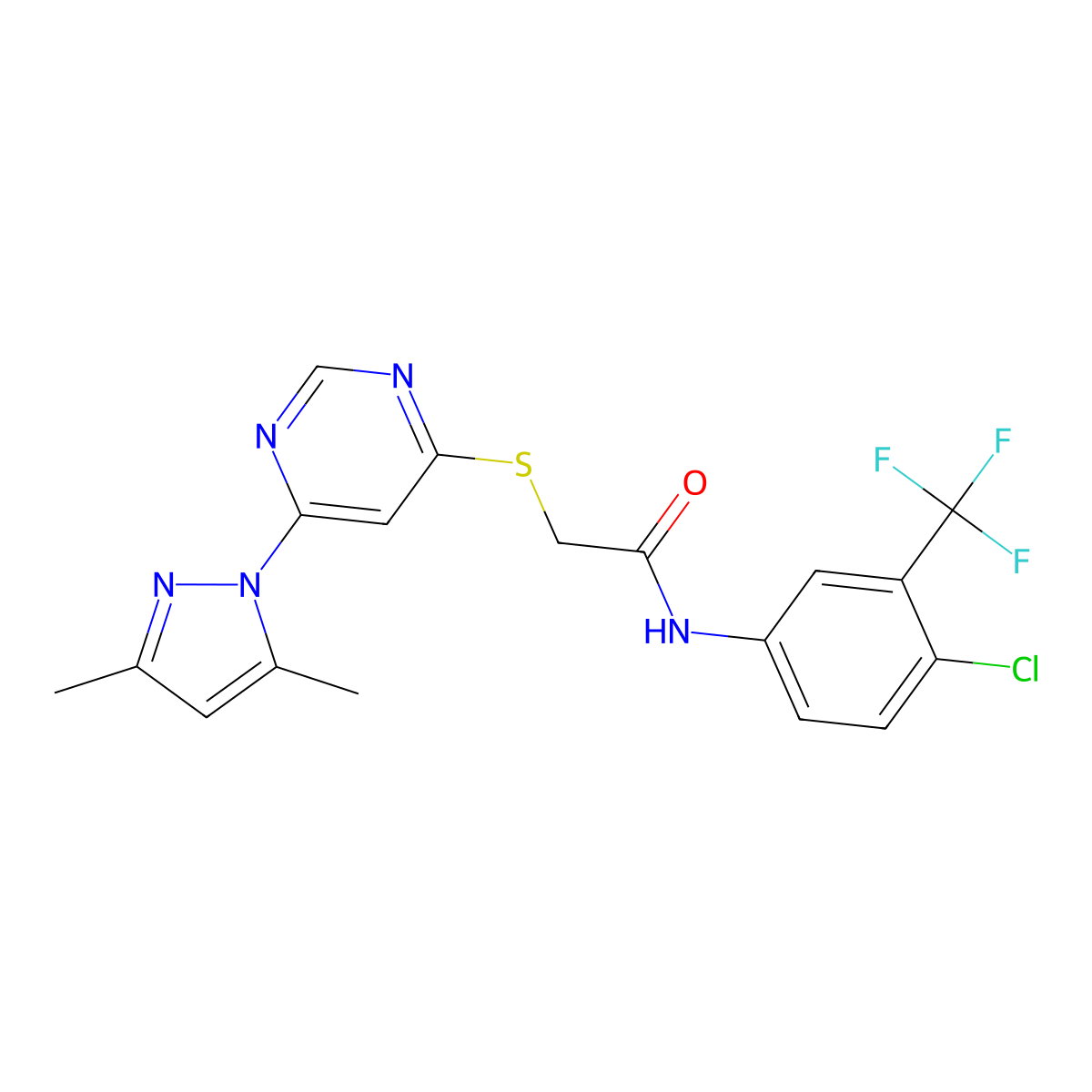 N-(4-chloro-3-(trifluoromethyl)phenyl)-2-((6-(3,5-dimethyl-1H-pyrazol-1-yl)pyrimidin-4-yl)thio)acetamide molecular structure, CAS 1251569-49-9
