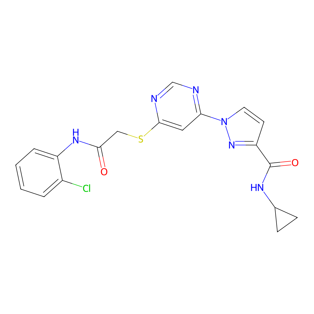 1-(6-((2-((2-chlorophenyl)amino)-2-oxoethyl)thio)pyrimidin-4-yl)-N-cyclopropyl-1H-pyrazole-3-carboxamide molecular structure, CAS 1251569-90-0