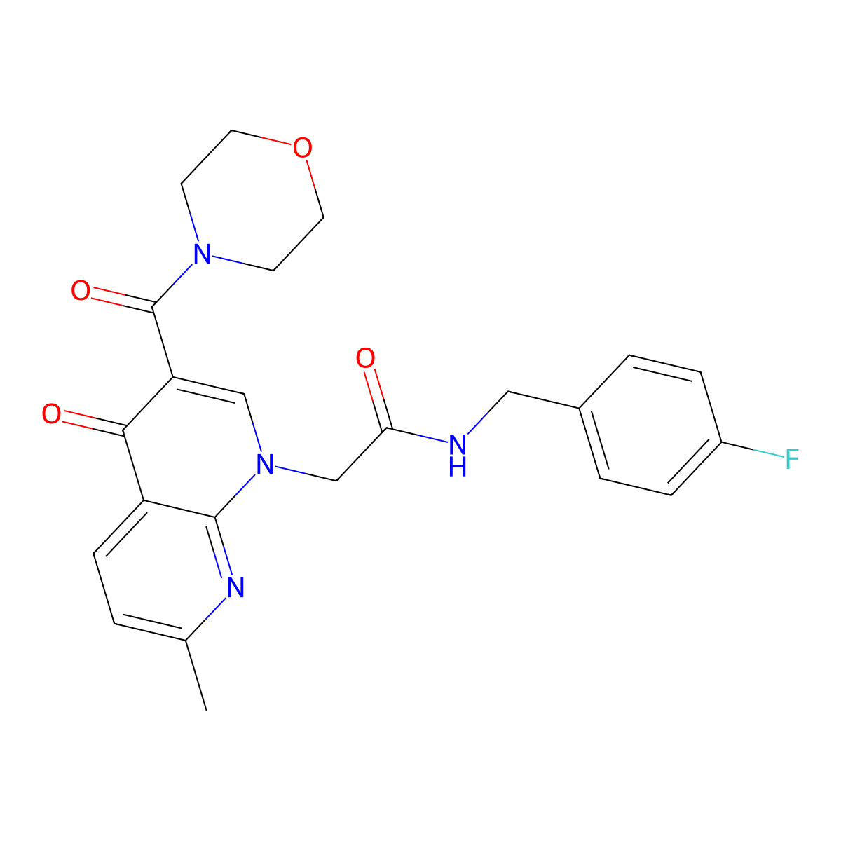 N-(4-fluorobenzyl)-2-(7-methyl-3-(morpholine-4-carbonyl)-4-oxo-1,8-naphthyridin-1(4H)-yl)acetamide molecular structure, CAS 1251569-91-1