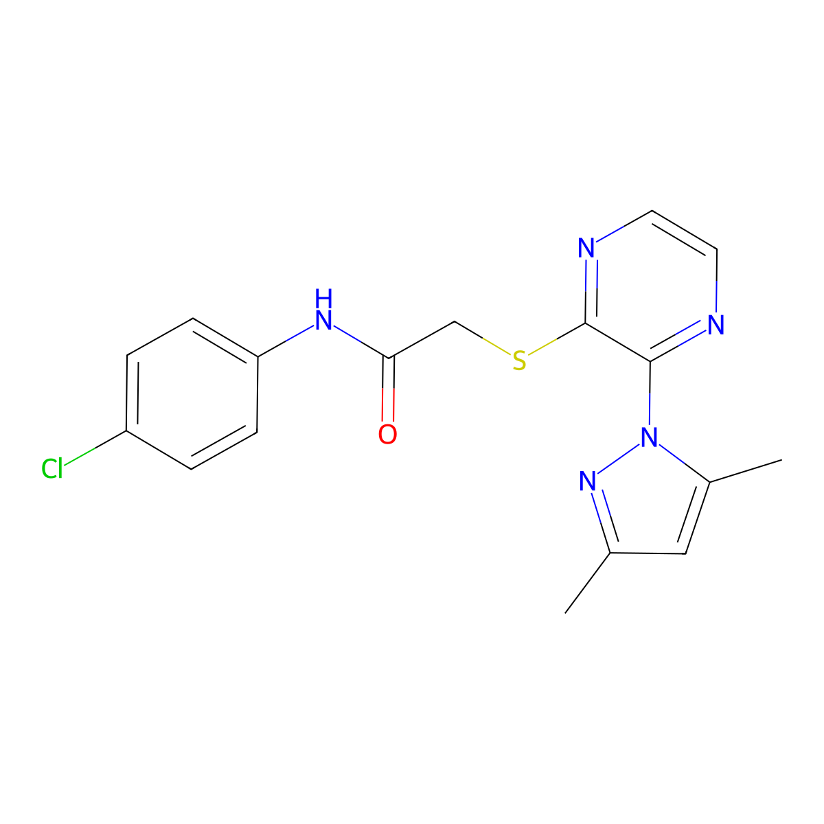 N-(4-chlorophenyl)-2-((3-(3,5-dimethyl-1H-pyrazol-1-yl)pyrazin-2-yl)thio)acetamide molecular structure, CAS 1251570-32-7