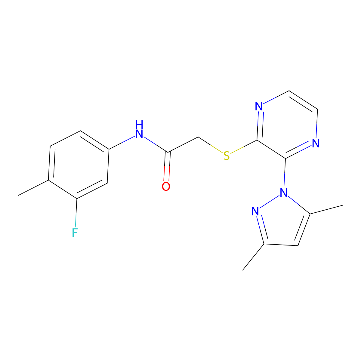 2-((3-(3,5-dimethyl-1H-pyrazol-1-yl)pyrazin-2-yl)thio)-N-(3-fluoro-4-methylphenyl)acetamide molecular structure, CAS 1251570-39-4