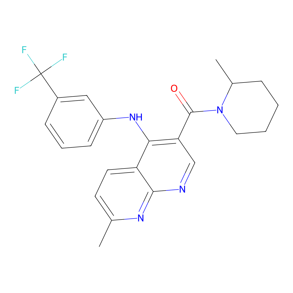 (7-Methyl-4-((3-(trifluoromethyl)phenyl)amino)-1,8-naphthyridin-3-yl)(2-methylpiperidin-1-yl)methanone molecular structure, CAS 1251571-03-5
