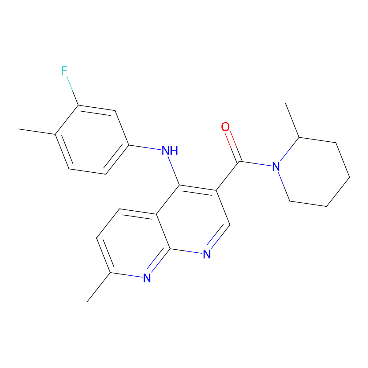 (4-((3-Fluoro-4-methylphenyl)amino)-7-methyl-1,8-naphthyridin-3-yl)(2-methylpiperidin-1-yl)methanone molecular structure, CAS 1251571-13-7
