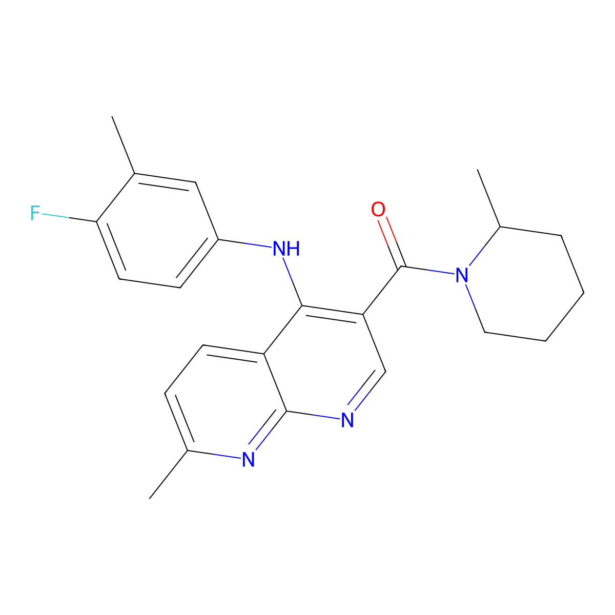(4-((4-Fluoro-3-methylphenyl)amino)-7-methyl-1,8-naphthyridin-3-yl)(2-methylpiperidin-1-yl)methanone molecular structure, CAS 1251571-28-4