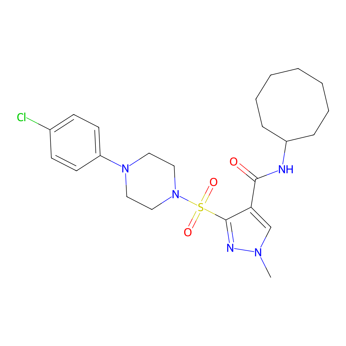 3-{[4-(4-chlorophenyl)piperazin-1-yl]sulfonyl}-N-cyclooctyl-1-methyl-1H-pyrazole-4-carboxamide molecular structure, CAS 1251571-37-5
