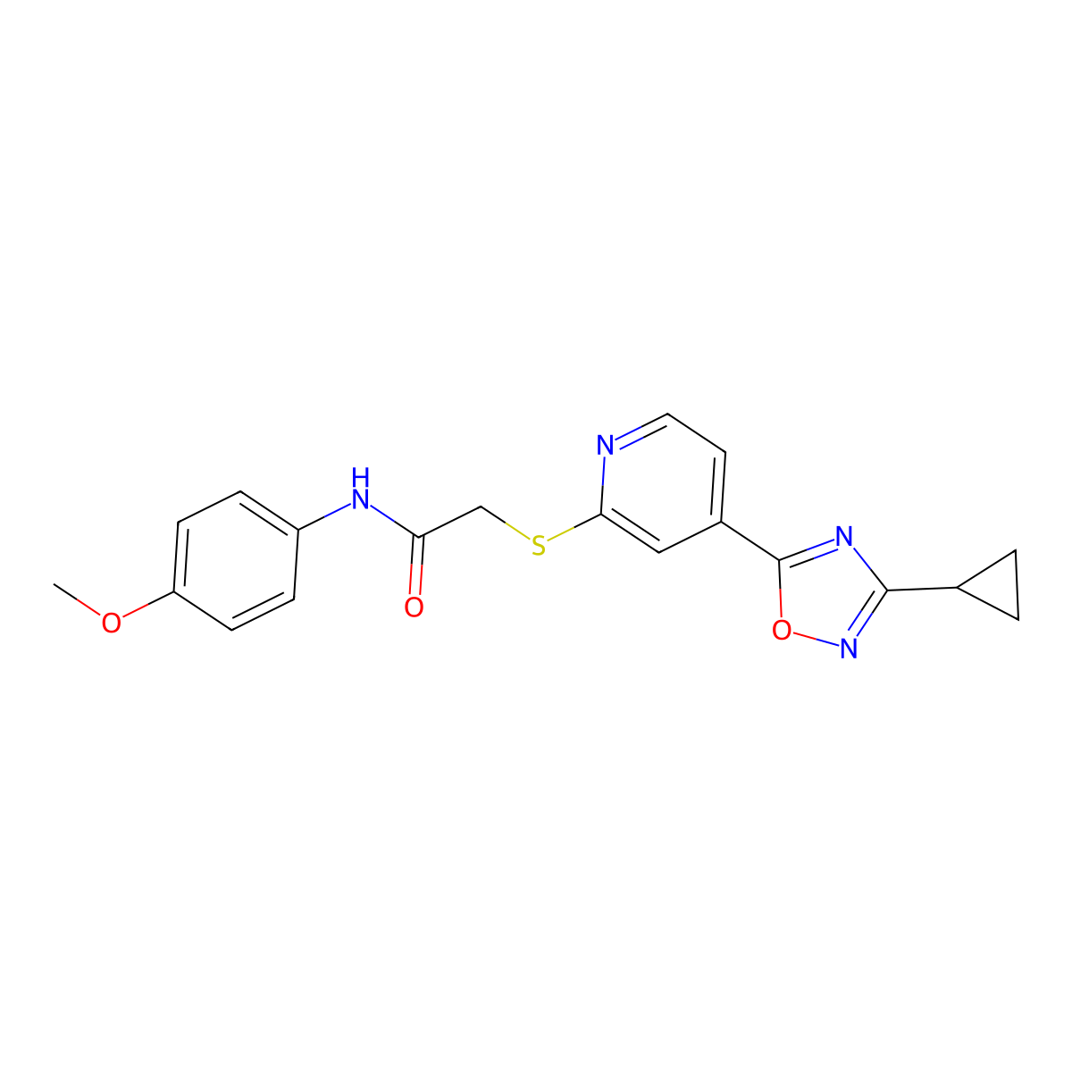 2-((4-(3-cyclopropyl-1,2,4-oxadiazol-5-yl)pyridin-2-yl)thio)-N-(4-methoxyphenyl)acetamide molecular structure, CAS 1251571-85-3