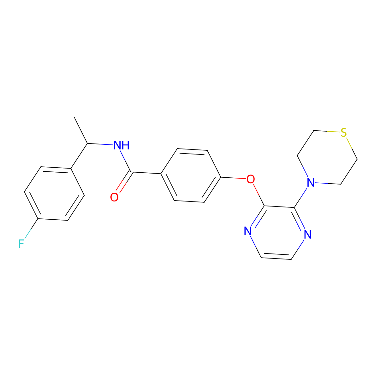 N-[1-(4-fluorophenyl)ethyl]-4-[(3-thiomorpholin-4-ylpyrazin-2-yl)oxy]benzamide molecular structure, CAS 1251572-27-6