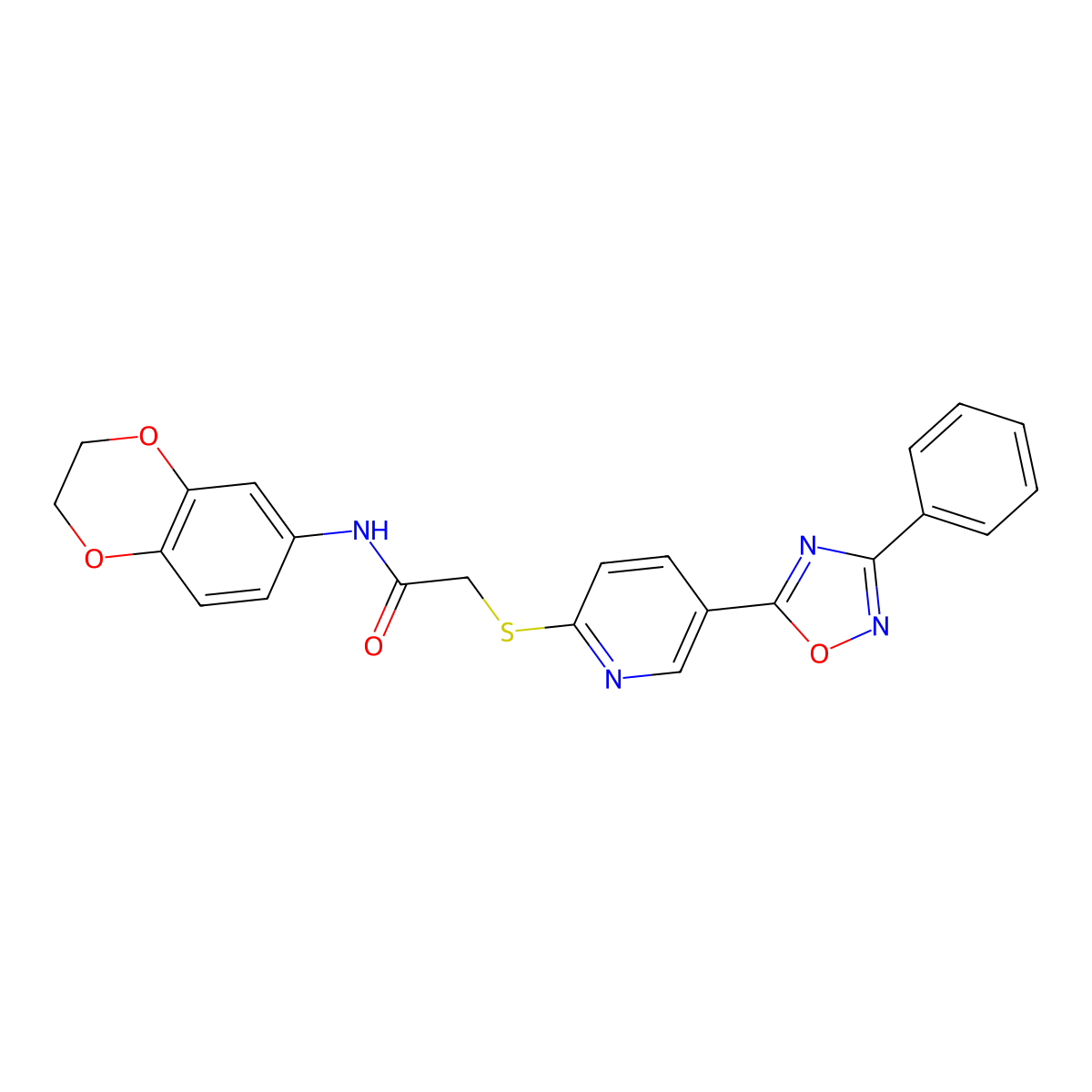 N-(2,3-dihydrobenzo[b][1,4]dioxin-6-yl)-2-((5-(3-phenyl-1,2,4-oxadiazol-5-yl)pyridin-2-yl)thio)acetamide molecular structure, CAS 1251572-32-3
