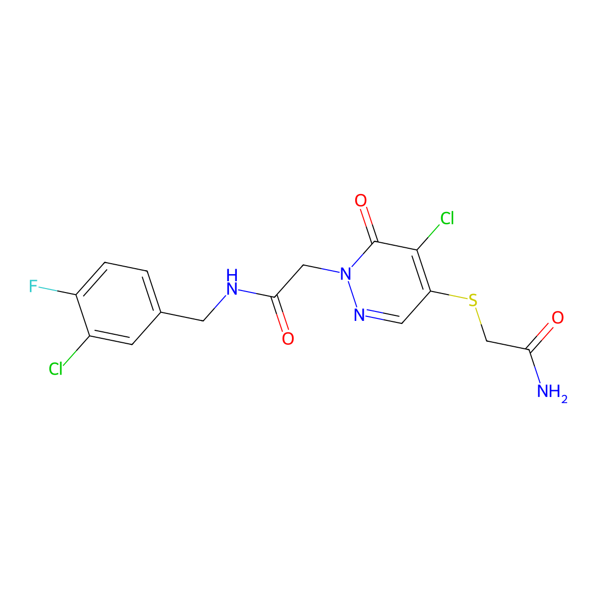 2-{[5-Chloro-1-({[(3-chloro-4-fluorophenyl)methyl]carbamoyl}methyl)-6-oxo-1,6-dihydropyridazin-4-yl]sulfanyl}acetamide molecular structure, CAS 1251572-34-5