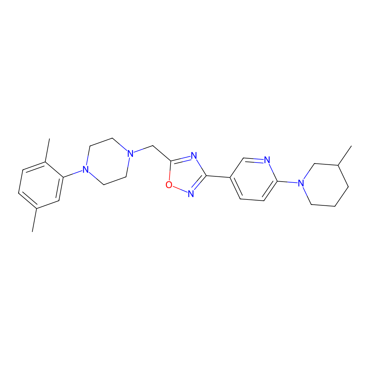 1-(2,5-Dimethylphenyl)-4-({3-[6-(3-methylpiperidin-1-yl)pyridin-3-yl]-1,2,4-oxadiazol-5-yl}methyl)piperazine molecular structure, CAS 1251572-39-0