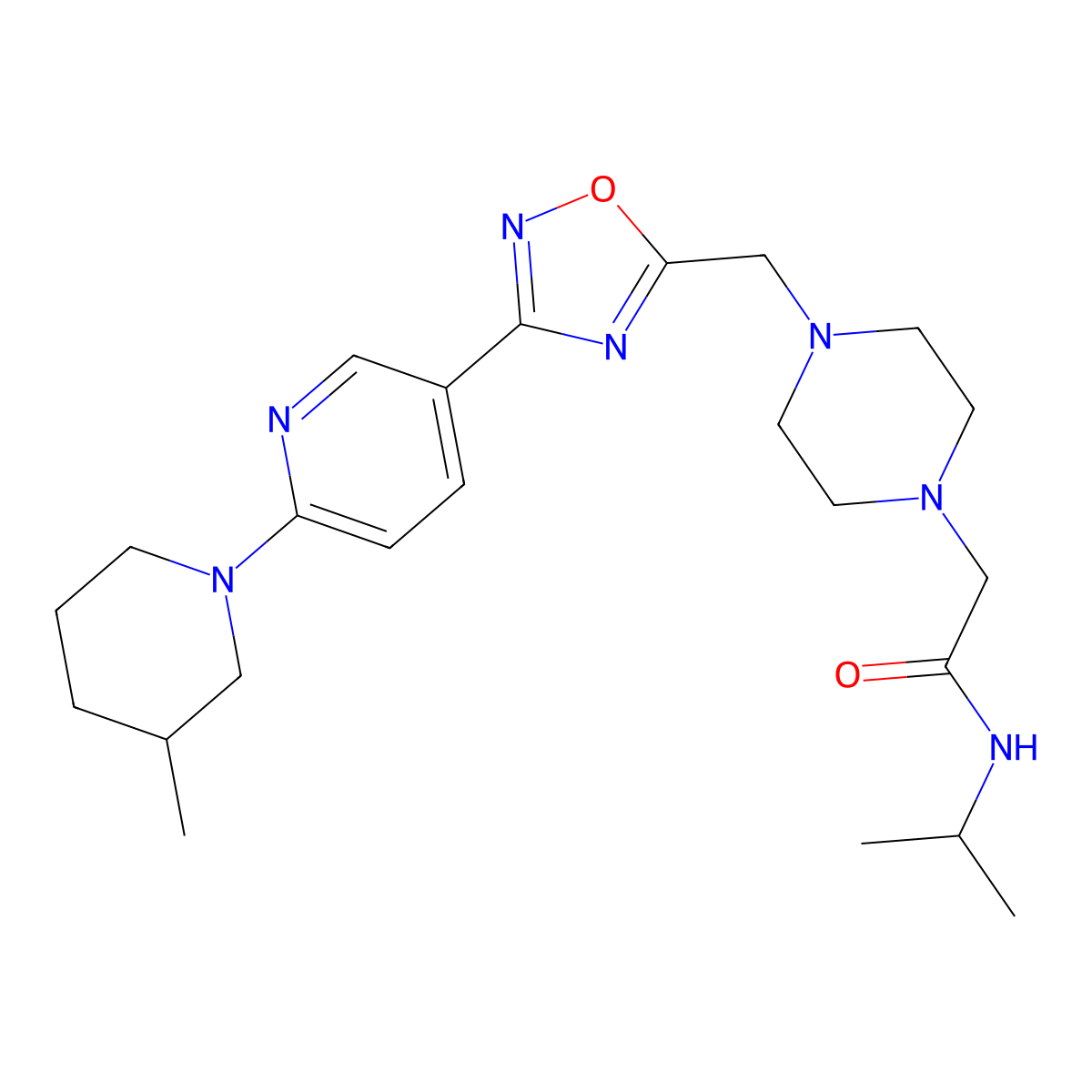 N-isopropyl-2-(4-((3-(6-(3-methylpiperidin-1-yl)pyridin-3-yl)-1,2,4-oxadiazol-5-yl)methyl)piperazin-1-yl)acetamide molecular structure, CAS 1251572-41-4