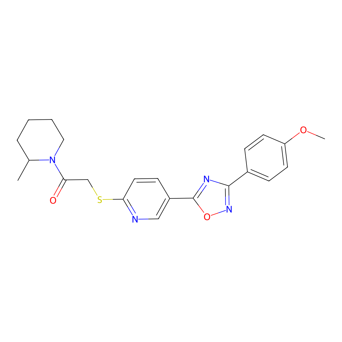 2-((5-(3-(4-Methoxyphenyl)-1,2,4-oxadiazol-5-yl)pyridin-2-yl)thio)-1-(2-methylpiperidin-1-yl)ethanone molecular structure, CAS 1251572-43-6