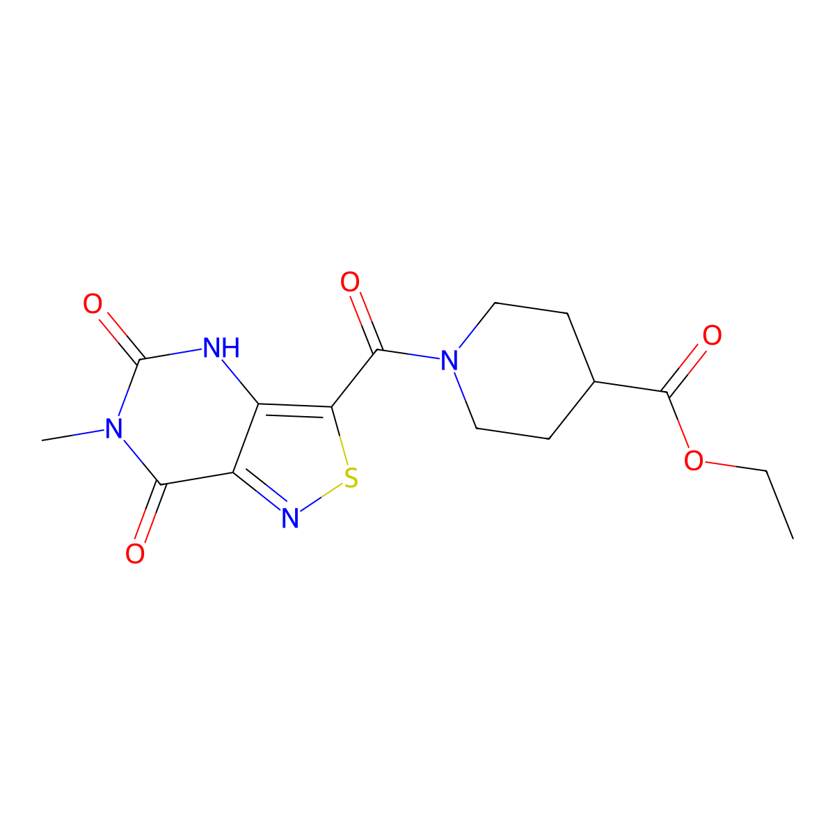 Ethyl 1-(6-methyl-5,7-dioxo-4,5,6,7-tetrahydroisothiazolo[4,3-d]pyrimidine-3-carbonyl)piperidine-4-carboxylate molecular structure, CAS 1251572-55-0